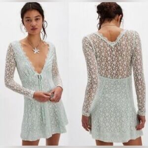 Intimately by Free People Chic Lace Long Sleeve Dress in Mint